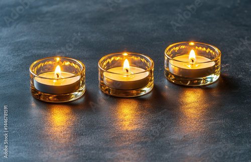 Softly glowing tealight candles arranged in glass holders on dark surface create warm and inviting atmosphere