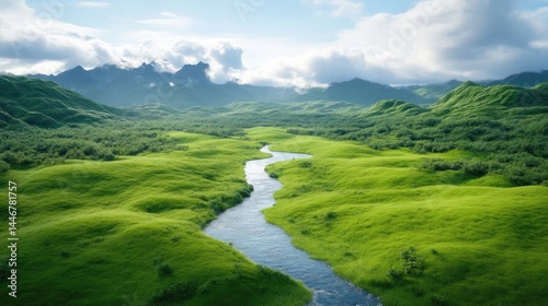 Serene valley landscape with a winding river, lush green hills, and mountains in the background