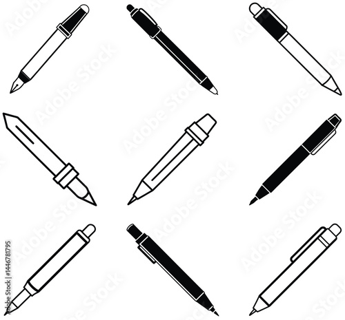 Simple Vector Illustration of Various Pen Types