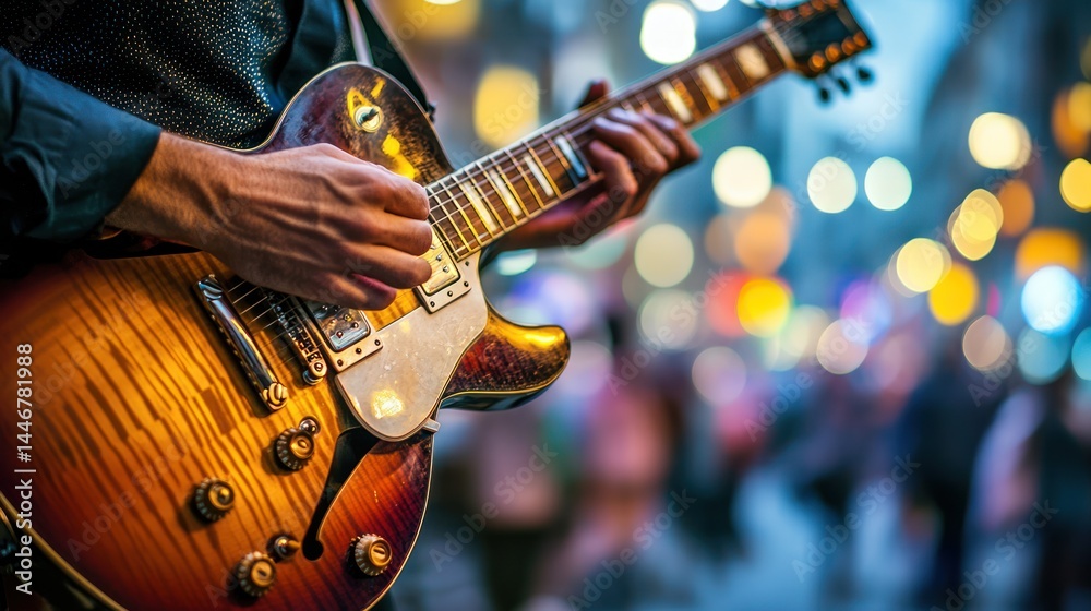 Fototapeta premium Close-up of person playing electric guitar outdoors. Blurry city lights background