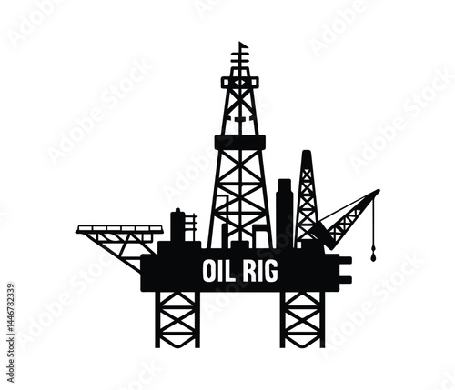 simple black silhouette of an offshore oil rig positioned over water, represented by wavy lines.