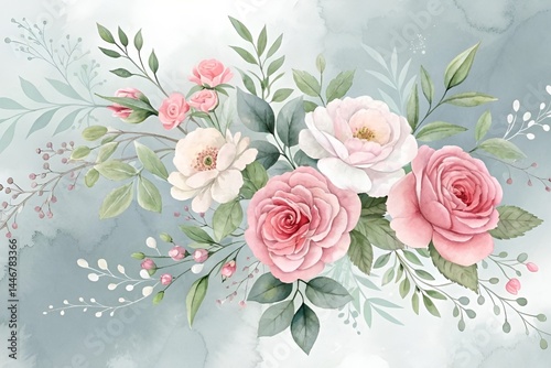 Watercolor Floral Roses Pattern in Soft Pink and Green on Gray Background