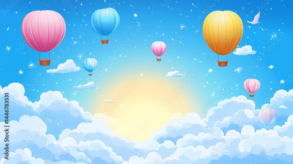 Fototapeta premium Colorful Hot Air Balloons Gracefully Ascending into a Bright Blue Sky Creating a Joyful Atmosphere
