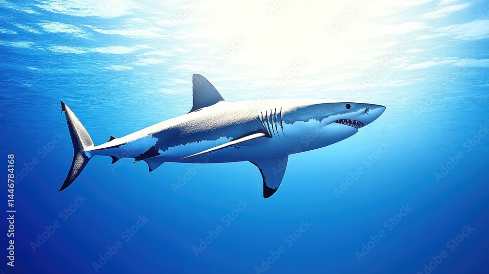Magnificent apex predator drifting in clear blue depths portraying wildlife and marine ecology conservation with sun rays shining in the ocean abyss Magnificent apex predator drifting in clear blue depths portraying wildlife and marine ecology conservation with sun rays shining in the ocean abyss