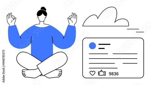 Person practicing meditation seated in lotus pose, digital social media post with thumbs ups and comments, illustrated cloud. Ideal for mindfulness, digital detox, wellness, social media, lifestyle