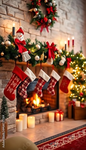 fireplace decorated with christmas stockings and stockings
