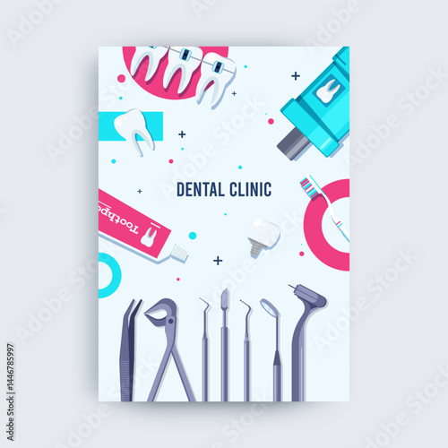 Vector illustration of dental clinic banner with various professional dental tools surrounding a clean layout. Ideal for healthcare flyers, dental promotions, and oral hygiene awareness designs