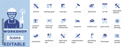 Clean, editable workshop vector icons perfect for tools, repair, industry, and engineering-related design projects