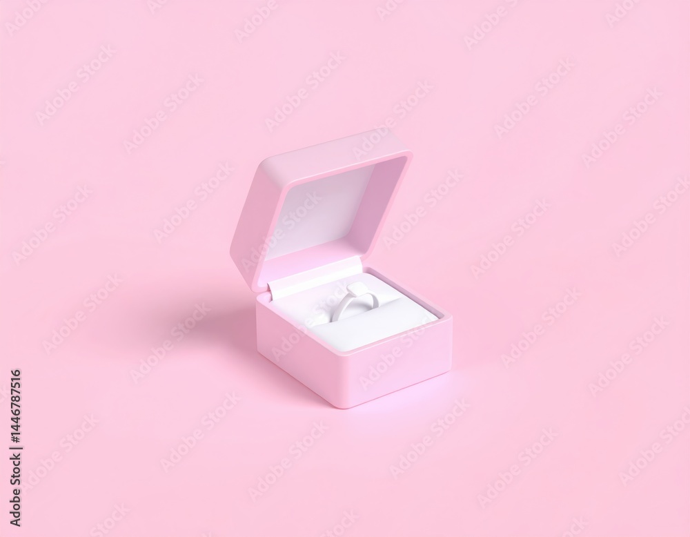 A simple open pink ring box with a silver ring inside, set against a pastel pink background. A simple open pink ring box with a silver ring inside, set against a pastel pink background.