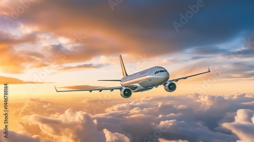 Airplane Flying Above Clouds at Sunset