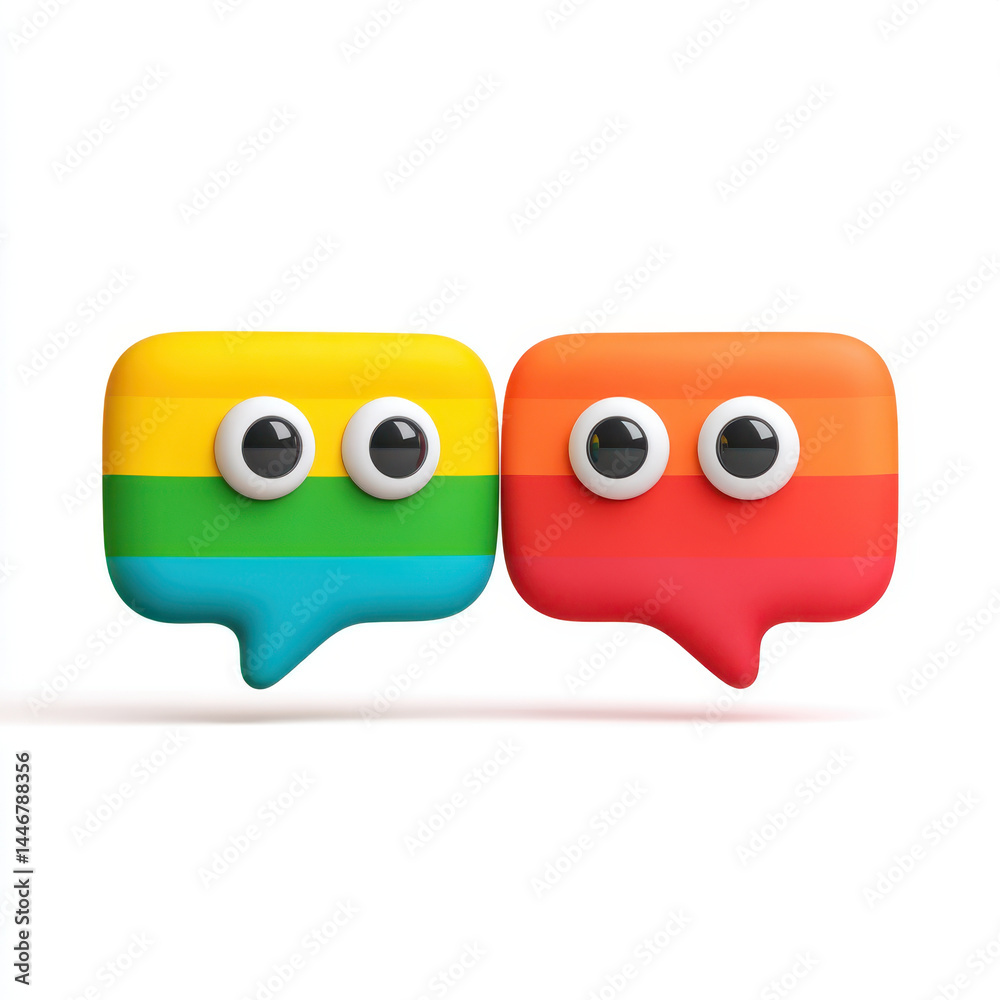 Fototapeta premium Colorful cartoon chat bubbles with eyes, representing communication and diversity, evoke sense of joy and inclusivity