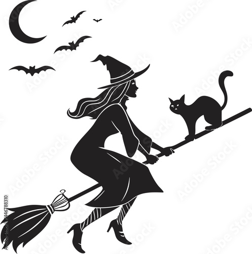 A black vector silhouette illustration shows a cartoon witch woman in a hat on a broom against a moonlit Halloween night sky.