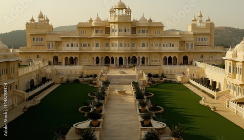 Grand Indian Palace Hotel with Ornate Architecture and Courtyard Gardens
