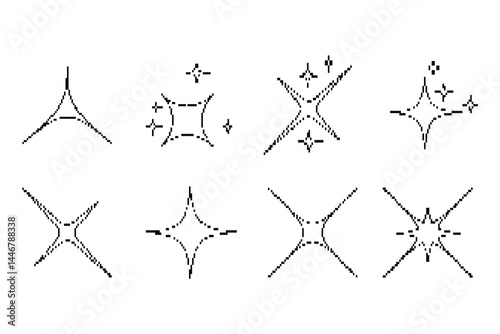 Collection of pixel star sparkle icon. Set of pixel Y2K bling retro elements and abstract brutalism shapes