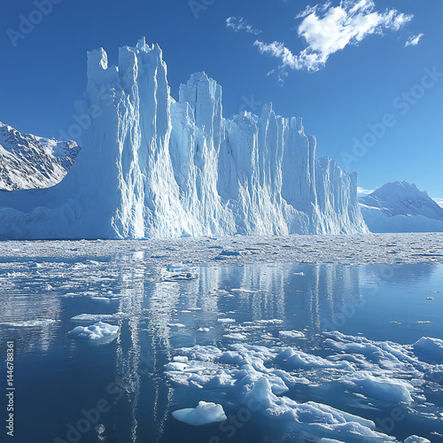 A majestic view of a glacier with towering ice formations and clear blue skies above