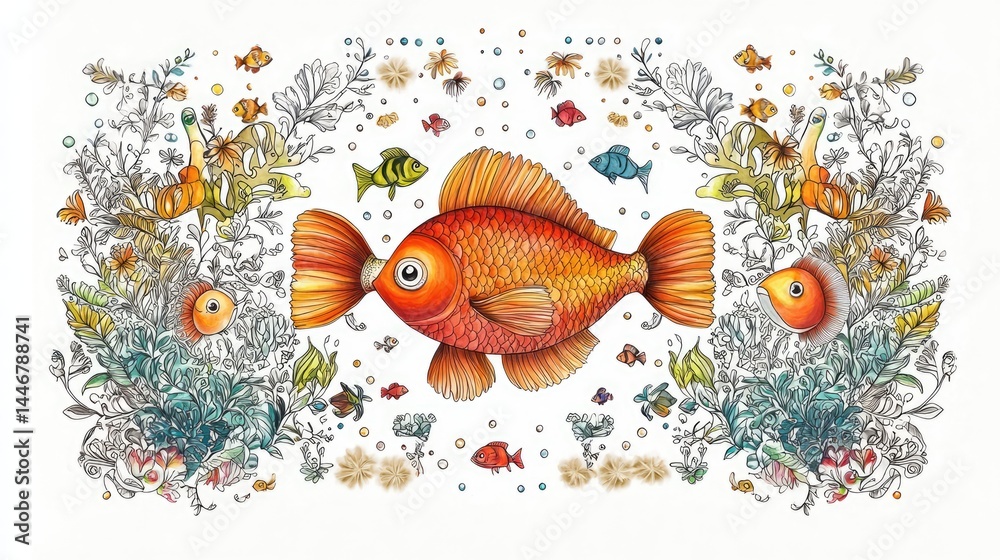 Naklejka premium Vibrant Watercolor Illustration of Orange Fish Among Smaller Fish and Coral