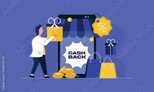 Young man with smartphone receives cashback from online payment concept
