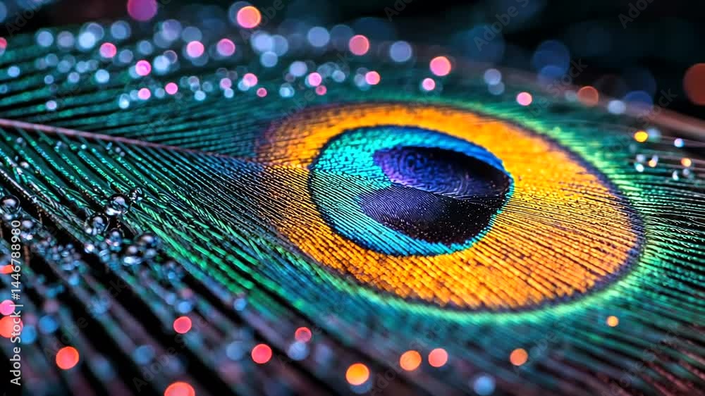 Vibrant peacock feather with water droplets.