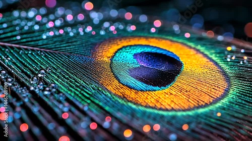 Vibrant peacock feather with water droplets.