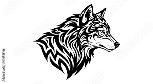 Wolf head design featuring intricate tribal patterns and details in monochrome tones Generative AI