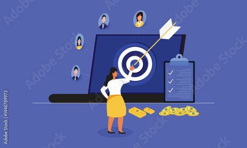 businesswoman looking at Laptop screen with shooting target and arrow in center. Concept of audience targeting marketing strategy