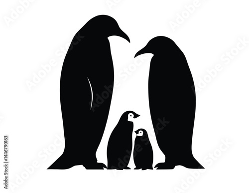 Penguin family silhouette. A black and white silhouette of a penguin family, including two adult penguins and two baby penguins, standing together. Vector clipart illustration design.