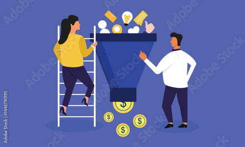 Marketing funnel or sales conversion, people or employee management, meeting brainstorm for new idea, customer purchase pipeline concept