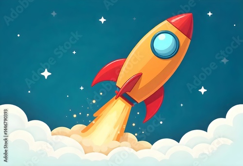 cartoon yellow rocket ship with red nose and blue window blasting off into dark blue night sky with white stars, clouds, and flames in children's book style illustration