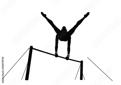 Gymnast on bars silhouette. This image shows a black silhouette of a gymnast performing on uneven bars, showcasing strength, balance, and artistic movement. Vector clipart illustration design.