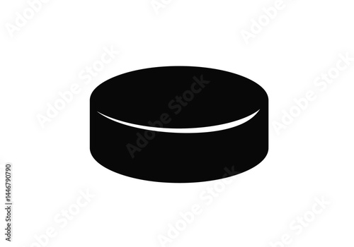 Hockey puck silhouette. This image shows a black silhouette of a hockey puck, a round, flat object used in ice hockey games, representing sports equipment. Vector clipart illustration design.