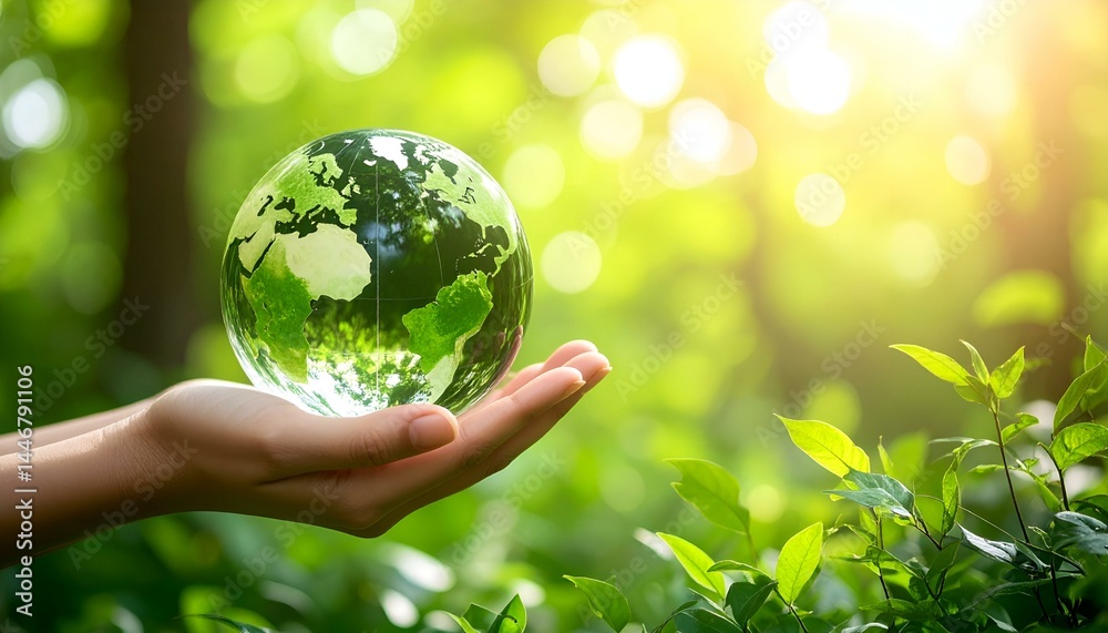 Hands gently cradling a glass globe representing Earth, surrounded by lush greenery. Image symbolizes environmental care and sustainability. Hands gently cradling a glass globe representing Earth, surrounded by lush greenery. Image symbolizes environmental care and sustainability.