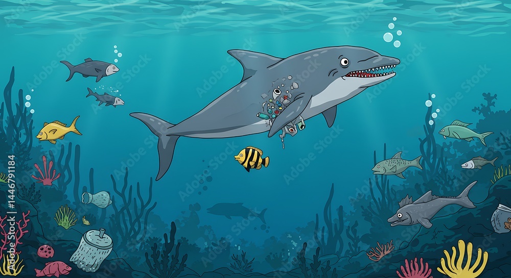 Fototapeta premium Shark Swimming in Ocean with Other Fish and Plastic Pollution