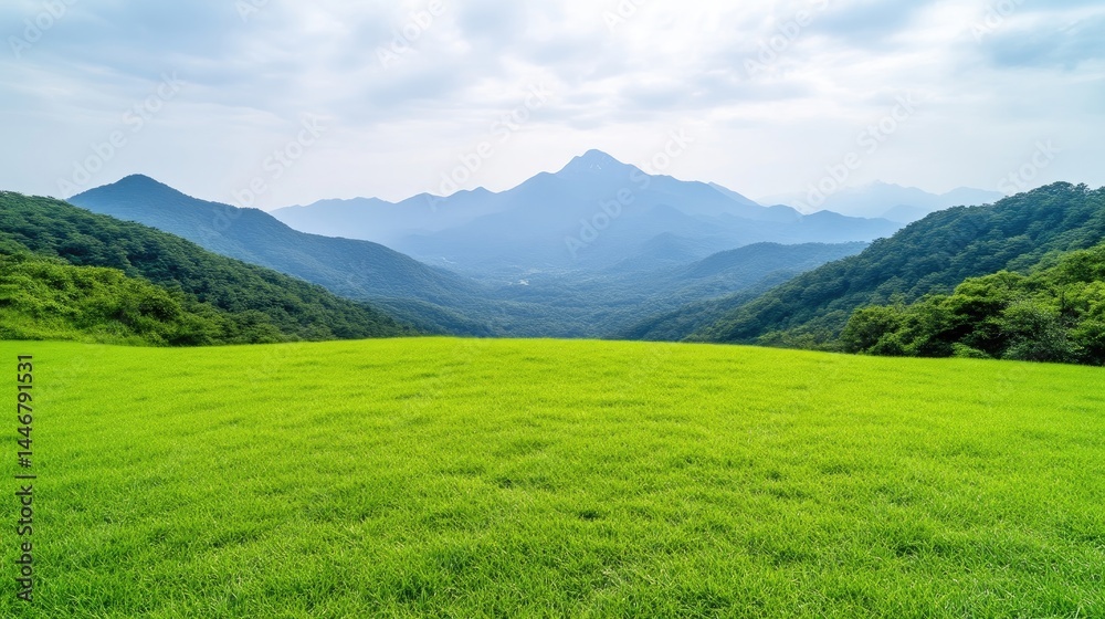 Obraz premium Vast Grassland Mountain Range Scenic Vista High-Definition Wide Shot Lush Green Field Tranquil Landscape Distant Peaks Bright Green tones Nature Photography