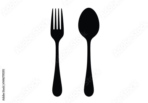 Fork spoon silhouette. This image shows a black silhouette of a fork and a spoon side by side, representing common utensils used for eating and serving food. Vector clipart illustration design.
