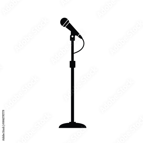 Mic stand silhouette. A black silhouette image of a microphone on a stand, known as a mic stand, commonly used for performances, speeches, and broadcasts. Vector clipart illustration design.