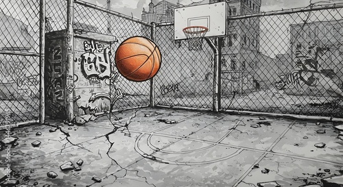 Urban basketball court with graffiti and a bouncing ball in an abandoned area during daylight Generative AI