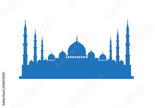 Blue mosque silhouette. This image shows a blue silhouette of a mosque with multiple domes and minarets, representing Islamic architecture and cultural heritage. Vector clipart illustration design.