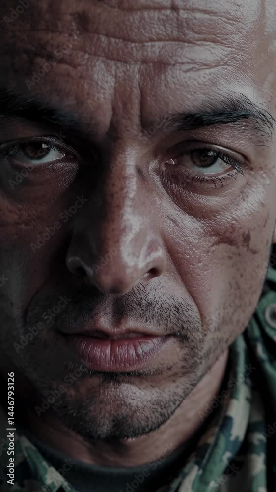 Close-up video frame of a man in military attire, focusing on intense facial expression. Captured from a front angle, highlighting texture and emotion. Mobile wallpaper ratio. Close-up video frame of a man in military attire, focusing on intense facial expression. Captured from a front angle, highlighting texture and emotion. Mobile wallpaper ratio.