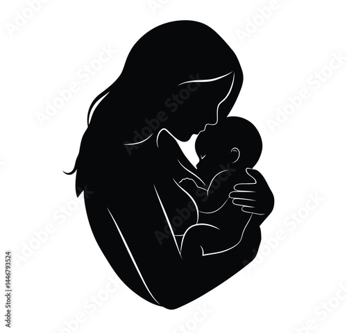 Breastfeeding mom silhouette. This image shows a mother holding and breastfeeding her baby in a tender embrace, depicted in a black and white silhouette style. Vector clipart illustration design.