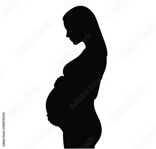 Pregnant mother silhouette. This image shows a side profile of a pregnant woman in silhouette form, highlighting the baby bump and maternal figure. Vector clipart illustration design.
