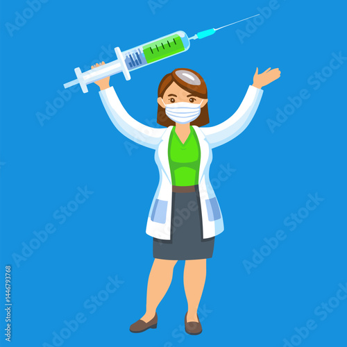 A cheerful medical professional in a mask holding a large syringe, symbolizing the readiness for vaccine administration.
