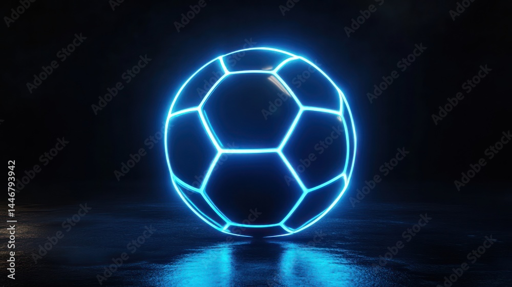 Naklejka premium A glowing blue soccer ball on a dark reflective surface. Neon blue outlines the hexagonal panels of the black ball