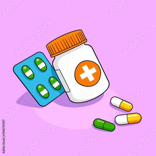 Pills and a bottle, representing medication or treatment.