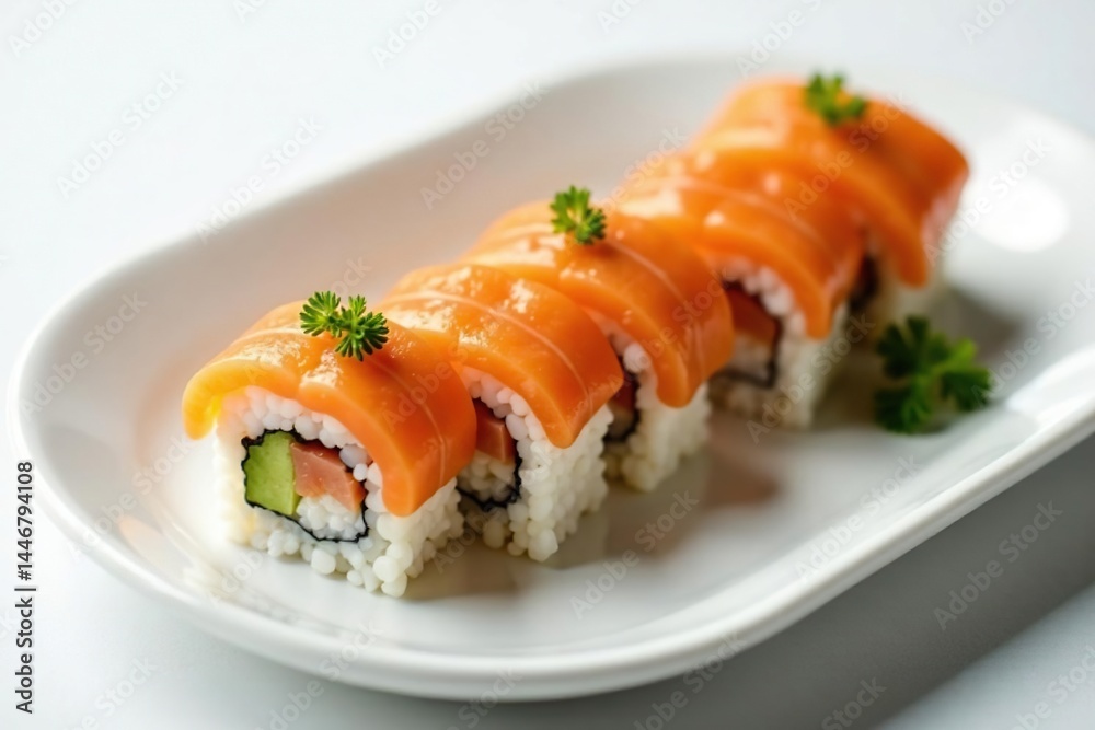 Elegant sushi platter, pristine white background, clean, plate, minimalist Elegant sushi platter, pristine white background, clean, plate, minimalist