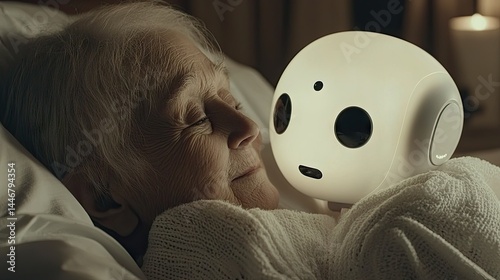 Elderly person resting peacefully beside a small robotic device.