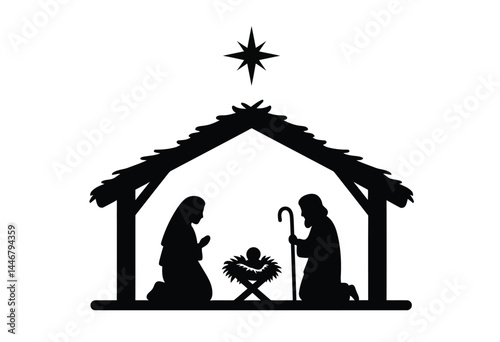 Christmas crib silhouette. This image shows a nativity scene with Mary, Joseph, and baby Jesus in a manger under a stable with a star above. Vector clipart illustration design.