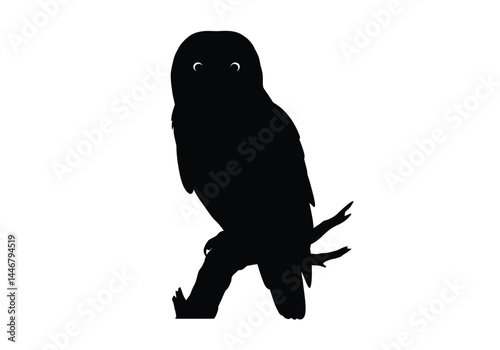 Owl on branch silhouette. This image shows a black silhouette of an owl perched on a tree branch, highlighting its distinct shape and nocturnal presence. Vector clipart illustration design.