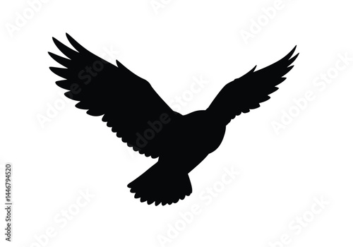 Flying owl silhouette. This image shows a black silhouette of an owl in flight with wings spread wide, symbolizing a majestic and mysterious nocturnal bird. Vector clipart illustration design.