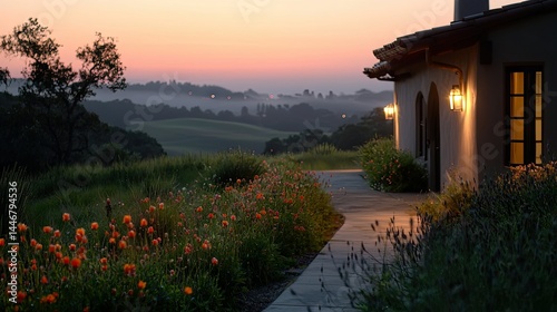 Rustic hillside home at dawn with wildflowers.