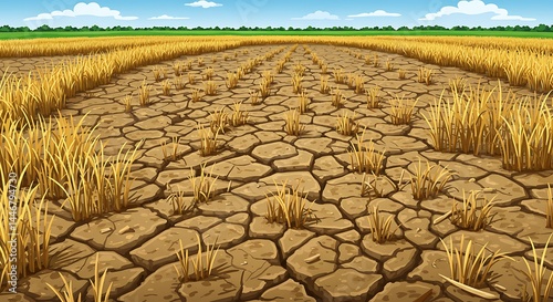 Cracked Land with Dry Grass in Arid Field Under Blue Sky